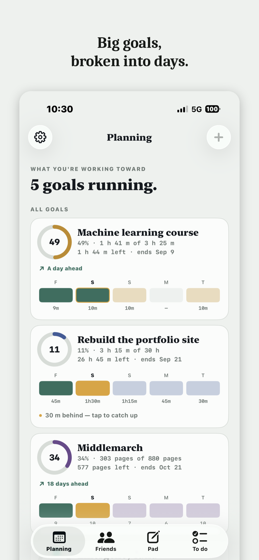 Big goals, broken into days. The planning screen lists five running goals, each with a progress ring, how much is left, and a strip of the next five days.